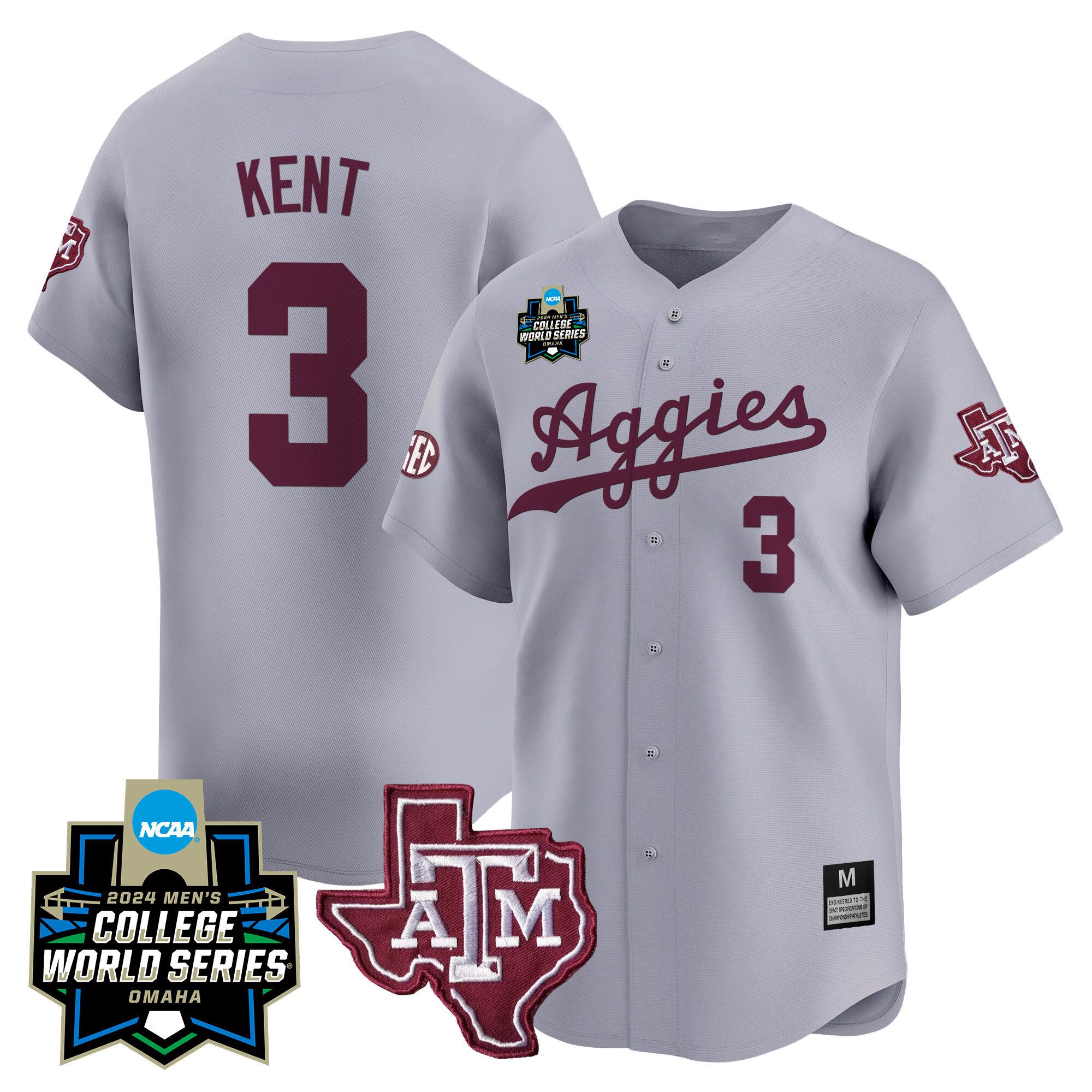 Men Texas A&M Aggies #3 Kent Grey 2024 College World Series Vapor Premier Limited NCAA Jersey